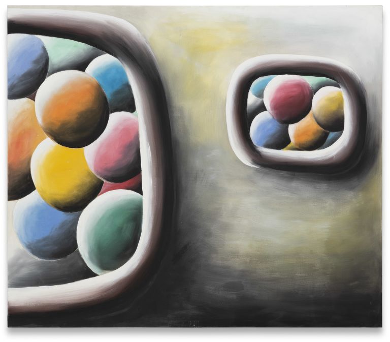 Close-up of abstract painting featuring colorful spherical objects in rounded containers with smooth, organic forms and soft lighting