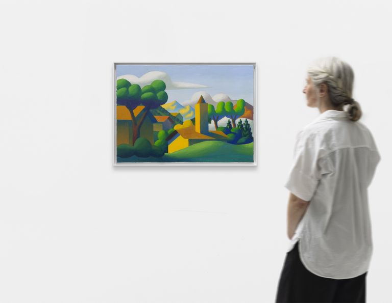 Stylized landscape painting with green trees, geometric buildings, mountains, and bright colors in a simplified, folk art aesthetic