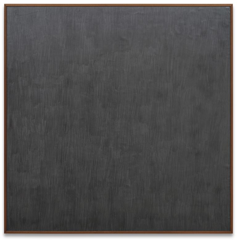 Large square canvas painted in dark gray with subtle texture variations, presented in wooden frame