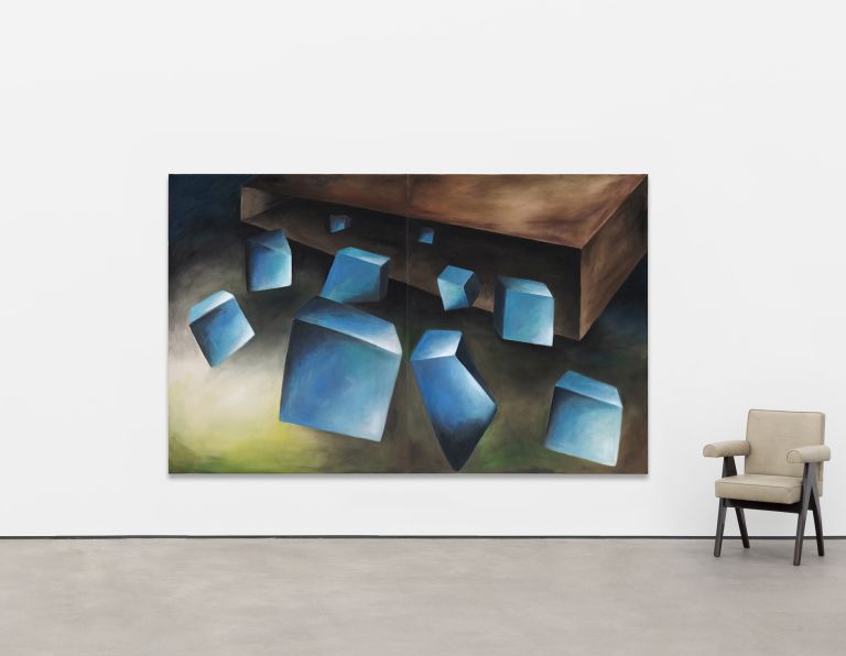 Abstract painting featuring blue geometric cubes scattered across a composition with brown wooden shelving above and gradient backgrounds in yellow and green tones