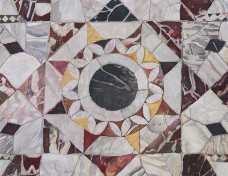 Intricate mosaic artwork with radiating star pattern in marble, featuring geometric designs and varied stone colors in ornate frame