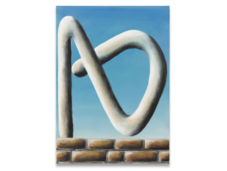 Painting showing white curved sculptural form resembling interconnected loops against blue sky, sitting on brick wall base
