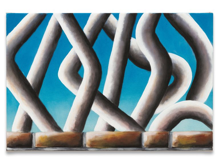 Abstract painting of white intertwining chain-like forms against bright blue sky background, positioned above brown brick foundation