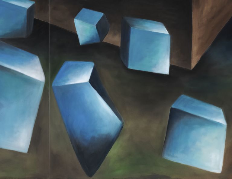 Abstract painting featuring blue geometric cubes scattered across a composition with brown wooden shelving above and gradient backgrounds in yellow and green tones