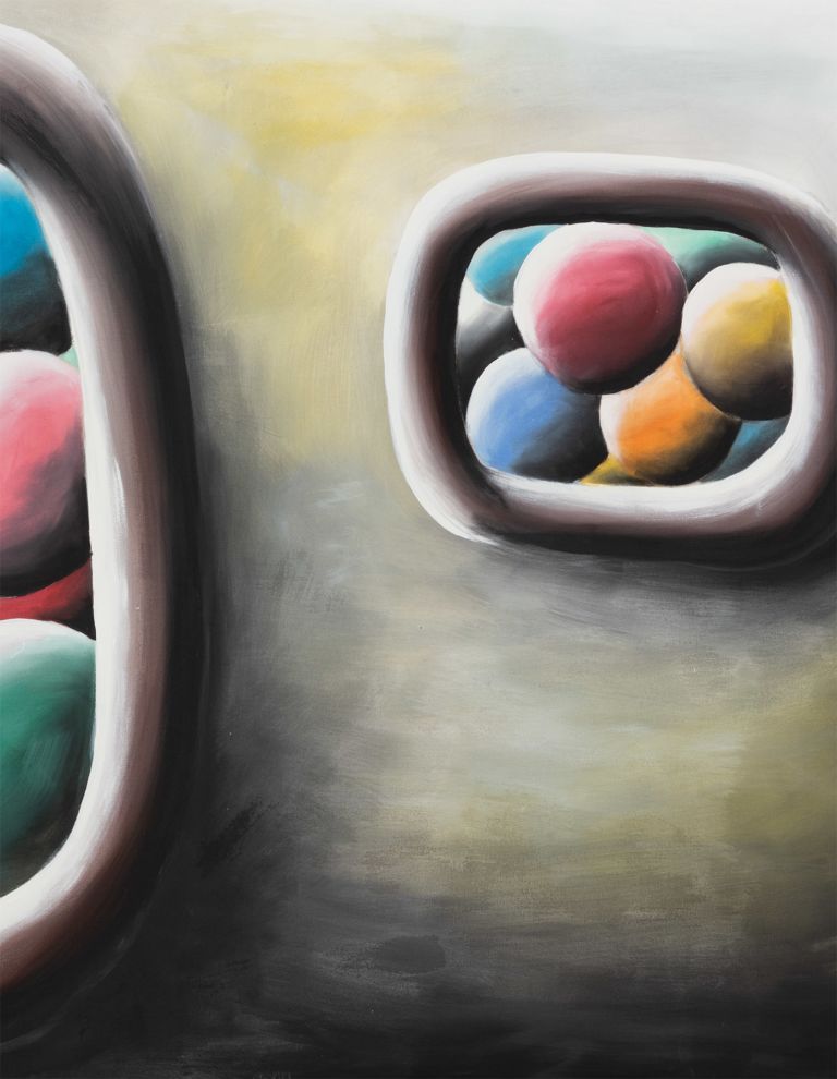 Close-up of abstract painting featuring colorful spherical objects in rounded containers with smooth, organic forms and soft lighting