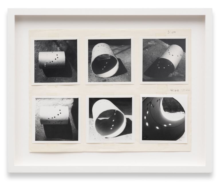 Six black and white photographs arranged in a grid showing cylinders photographed outdoors with dramatic shadows.
