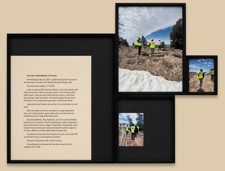 Frame displaying text and photographs of construction or work site performance with people in safety vests in mountainous terrain.