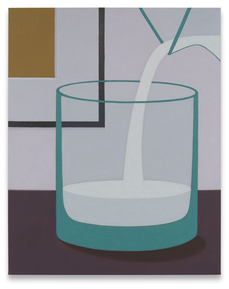 Still life painting of a glass with liquid being poured, set against geometric background shapes in muted colors.