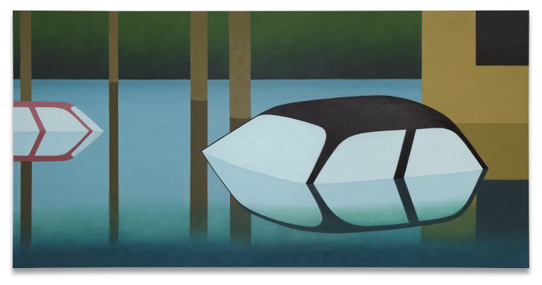 Large horizontal painting of cars reflected in water with vertical columns, in blue and yellow tones.