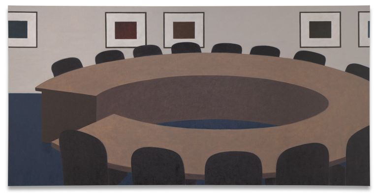 Conference room painting showing curved wooden table with black chairs and framed artworks on wall.