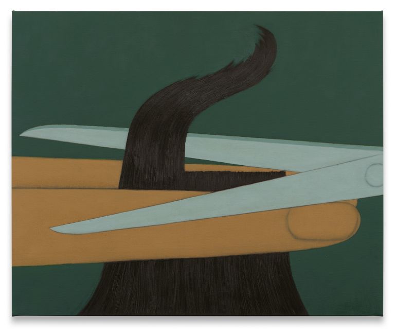 Abstract painting featuring a dark brown curved tree-like form against green background, intersected by light blue and orange geometric bands.