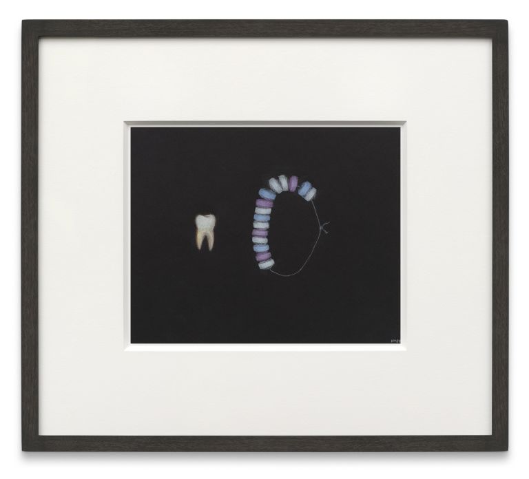 Framed artwork on black background featuring a tooth and curved dental tool or chain in white and purple tones.