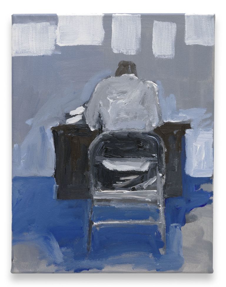 Painting of a figure from behind sitting in a black chair against blue and gray tones with white rectangular shapes above.