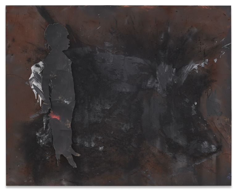 Mixed media artwork depicting a silhouette figure against a dark, rust-brown textured background with abstract gestural marks.