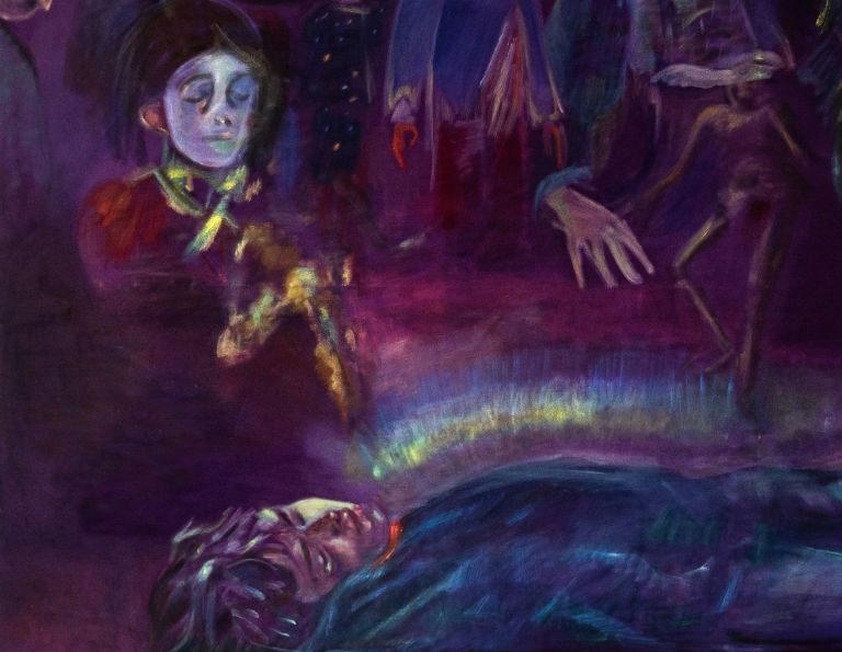 Expressive painting with vibrant purples and blues showing multiple ethereal figures gathered around a horizontal dark form.
