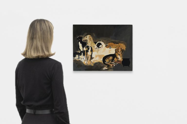 Painting of seven dogs in warm brown and black tones resting on dark background.