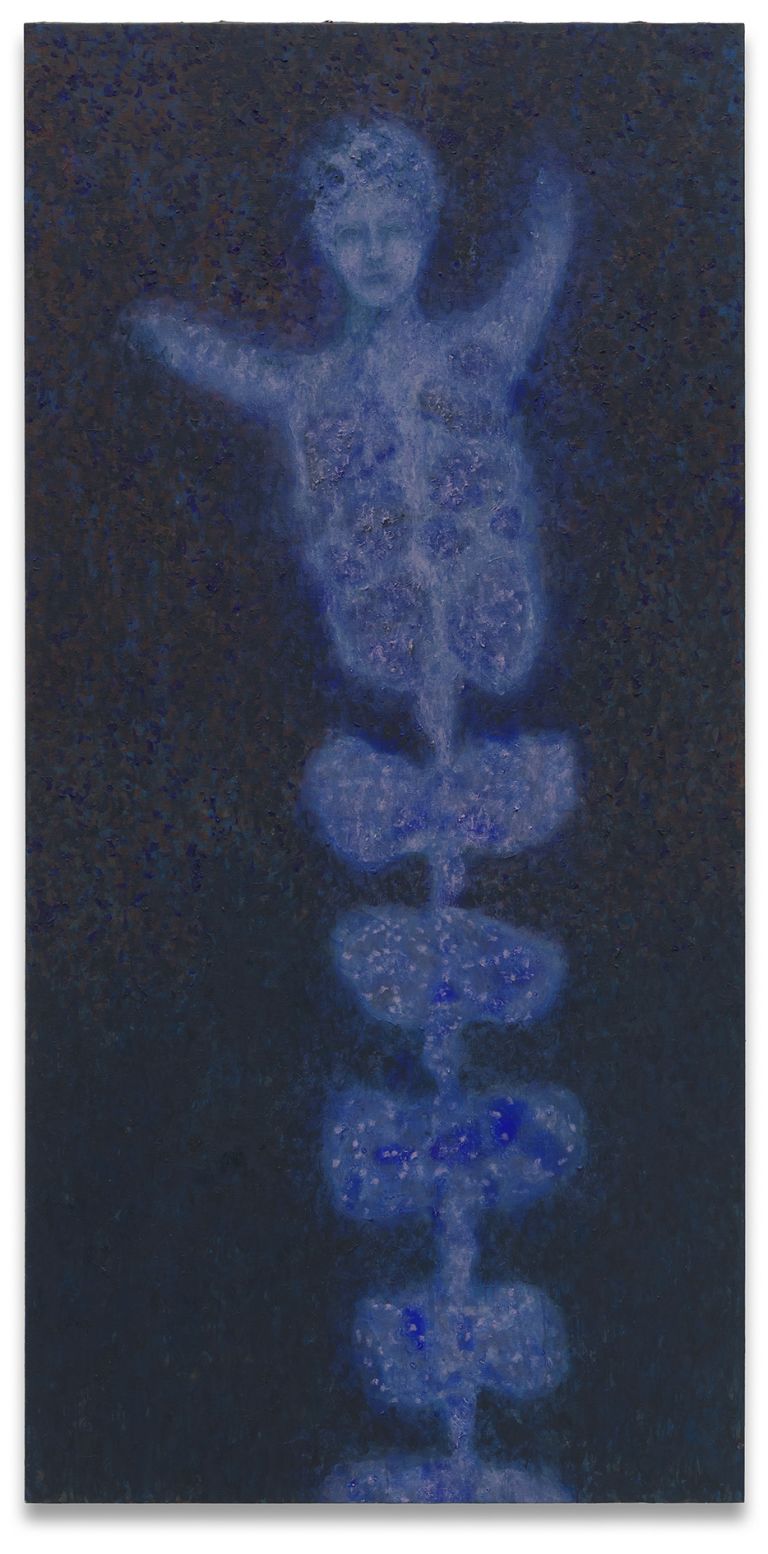 Ethereal figure in luminous blue tones suspended vertically on dark speckled background.