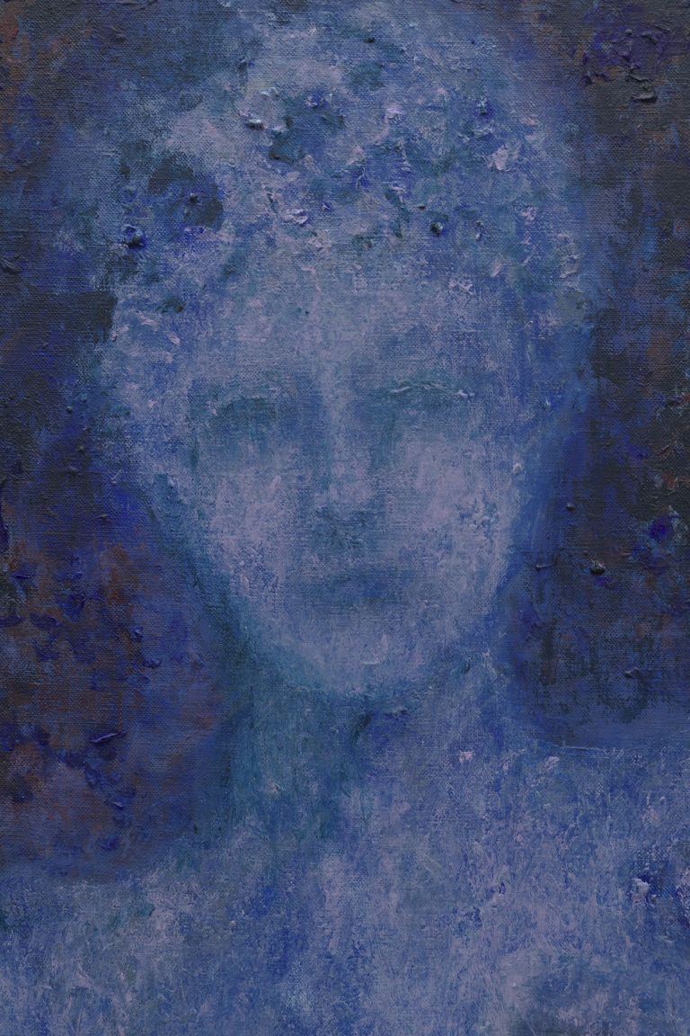 Ethereal figure in luminous blue tones suspended vertically on dark speckled background.