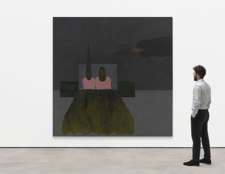 Abstract painting of two figures in bed with pink skin tones as a third figure enters sideways from above.