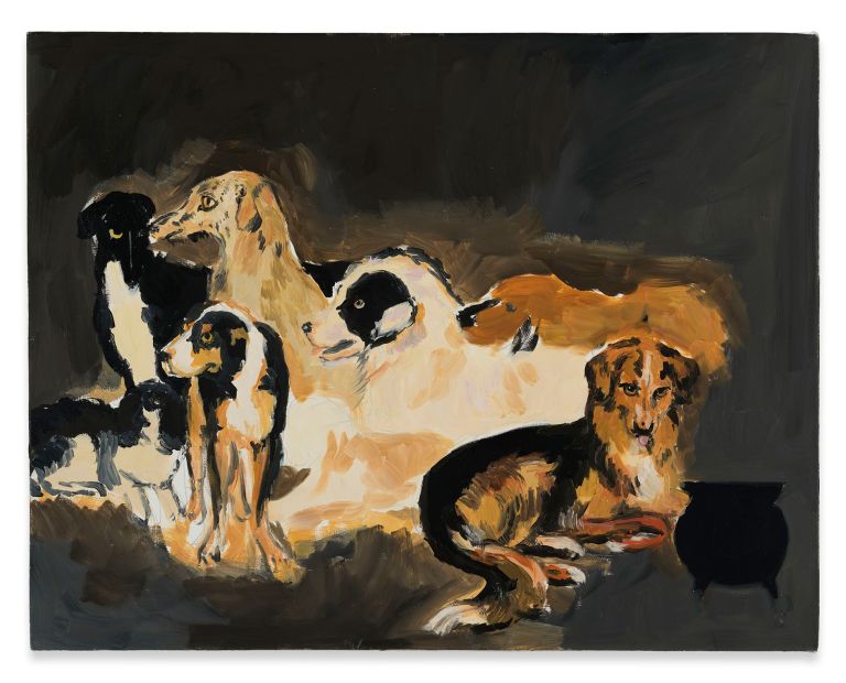 Painting of seven dogs in warm brown and black tones resting on dark background.