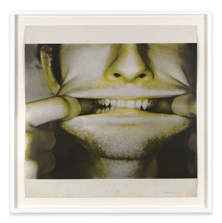 Five framed photographs arranged in a cross pattern showing close-up images of hands covering facial features, tinted yellow-green