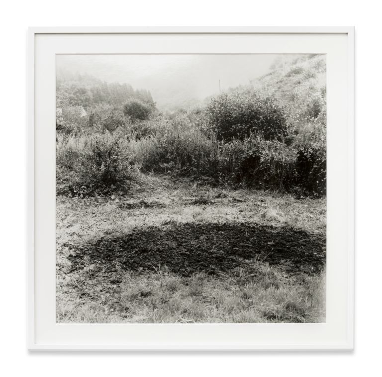 Grid of nine identical black and white photographs showing a person gradually disappearing into a landscape.