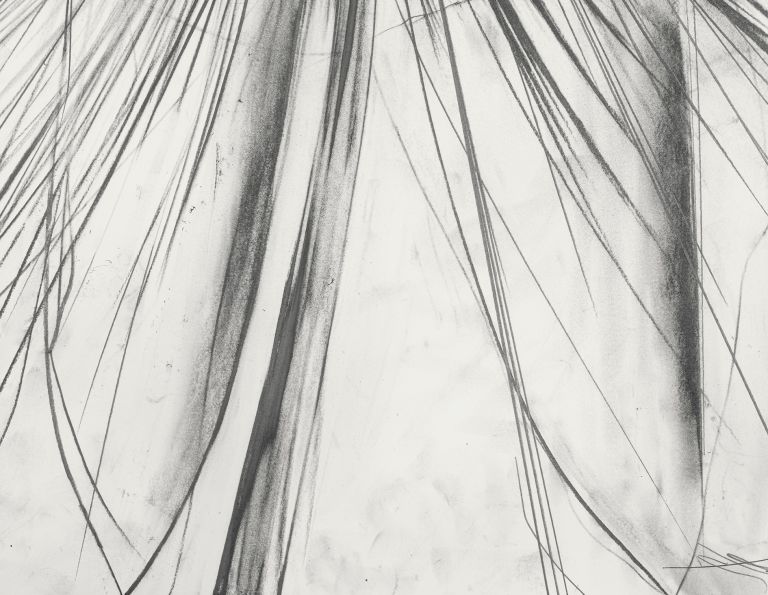 Framed abstract drawing with dense black graphite lines exploding outward in all directions on white