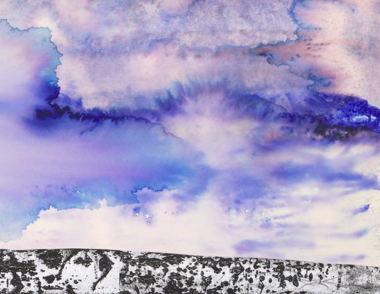 Framed abstract watercolor in blue and pink tones with black textured strip at bottom