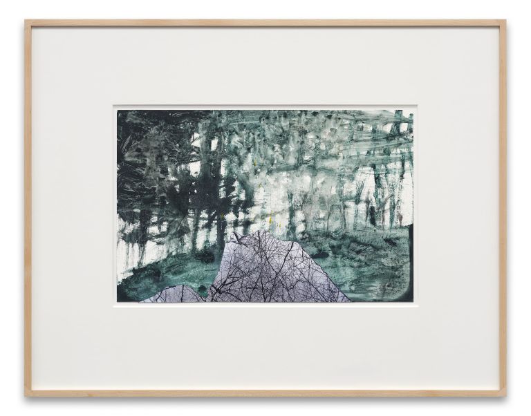 Framed mixed media artwork with green watercolor forest and graphite lines over white matting