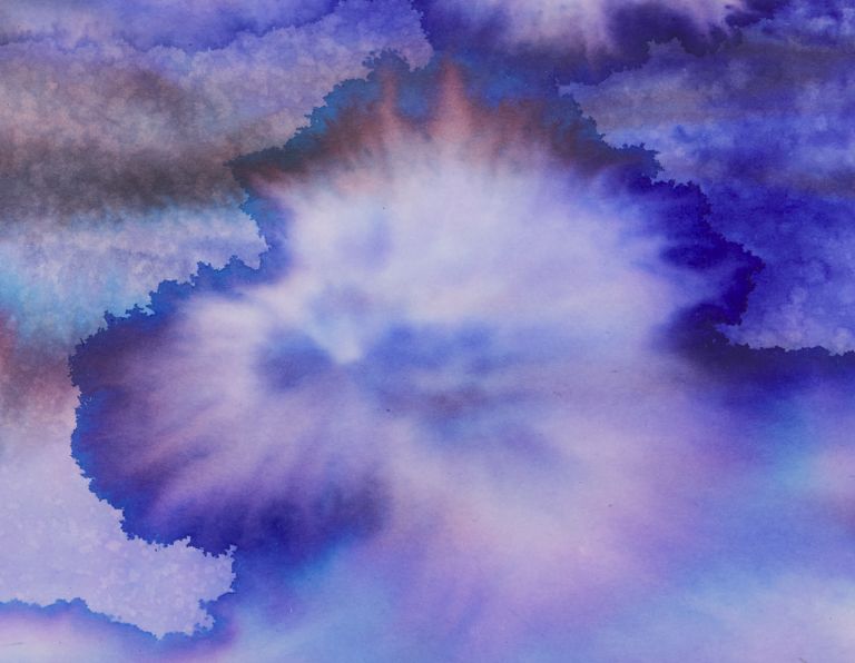 Framed mixed media artwork with purple-blue watercolor sky above black graphite textured ground