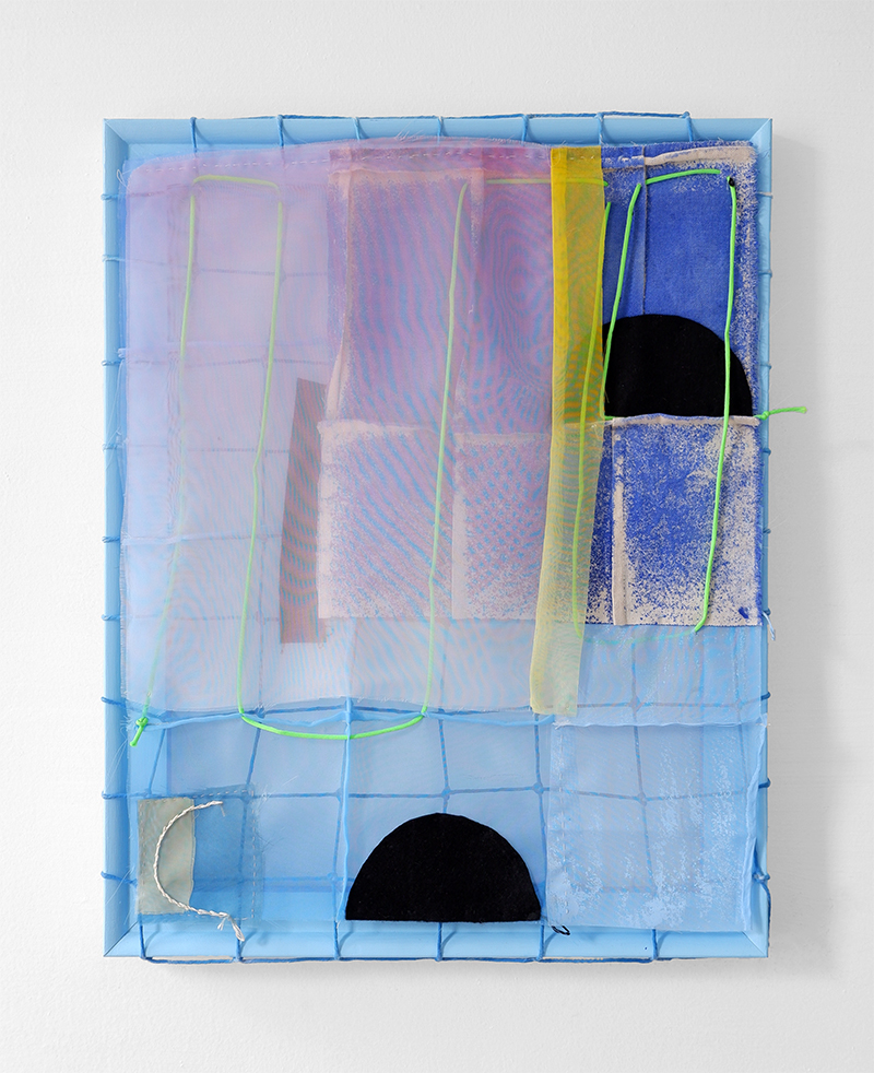 Sky blue translucent abstract painting in painted wooden frame, featuring translucent polyester, sewn canvas, blue netting, black felt half circles, and sheer pink gradient overlay, with neon green cord line details
