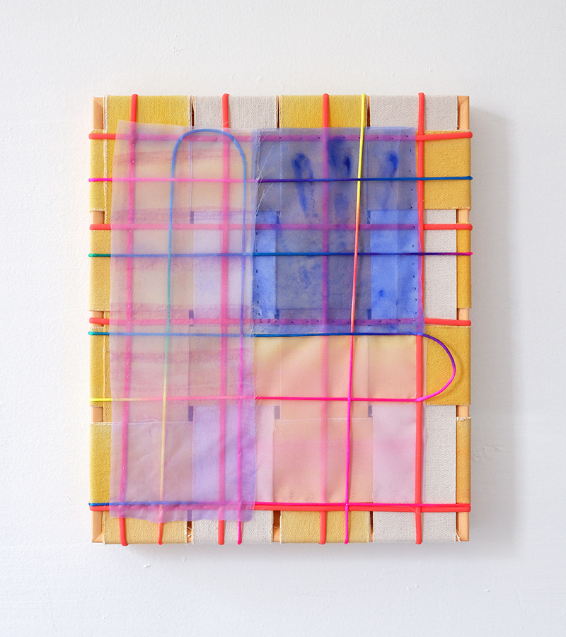 A rectangular abstract artwork with layered translucent grids stretched over a frame. The background is yellow and raw canvas, with overlapping panels of pink, purple, and blue. Bright red and neon lines run vertically and horizontally, with a pink looped line curving across the lower right