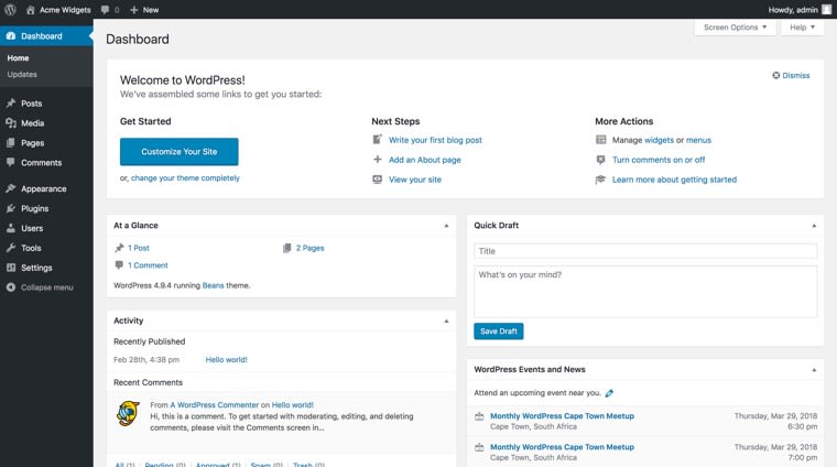 Default WordPress dashboard