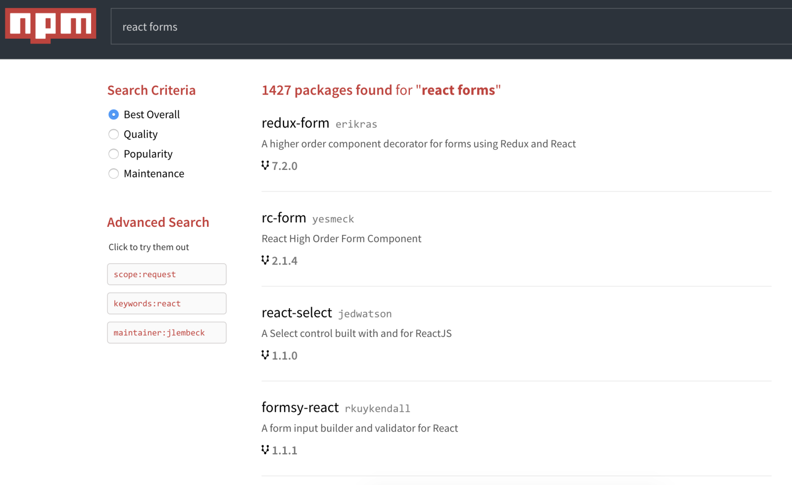 Recherche son package sur npm (react forms)