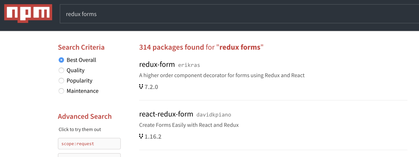 Rechercher son package sur npm (redux forms)