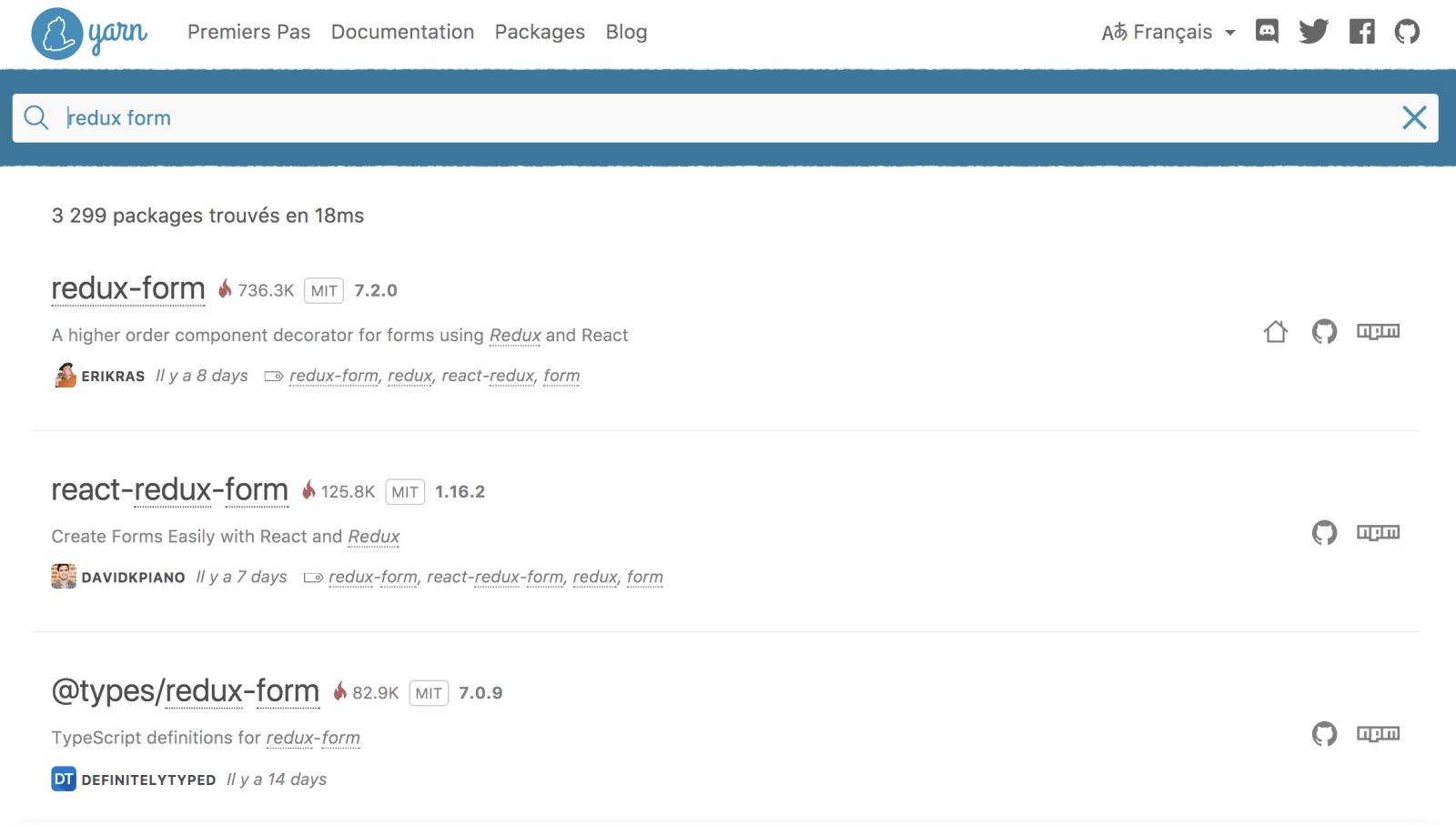 Rechercher son package sur Yarn