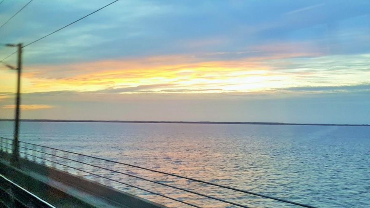 A view from The Great Belt Bridge at sunset