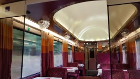 The restaurant car on a Budapest to Warszawa train