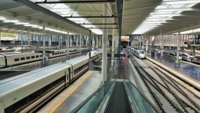 A view from a moving walkway that you take up to level 1 when arriving by high speed train