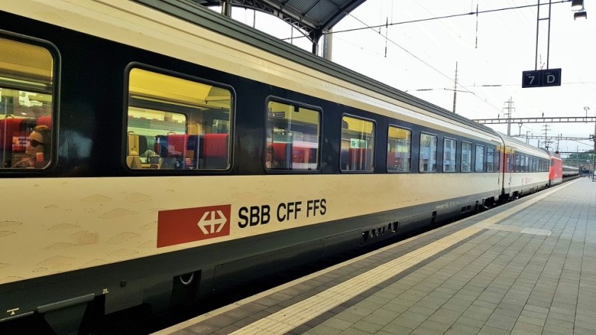 Exterior of a Swiss IC train typically used on these EC services