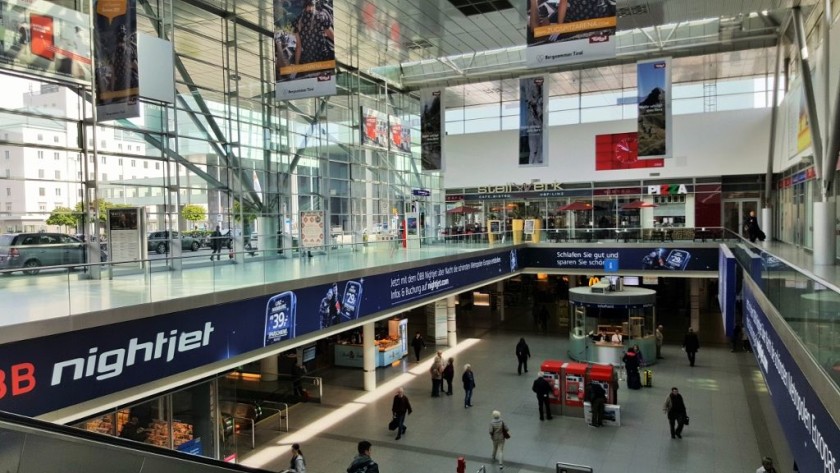 Looking down on to the lower level at Linz Hbf from where the trains and trams can be accessed