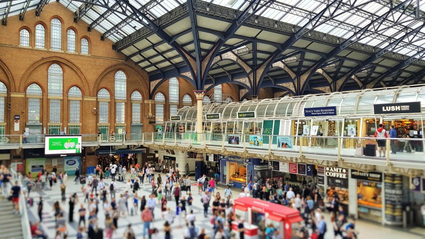 The western side of the concourse, the steps on the left are above the entrance to the Underground