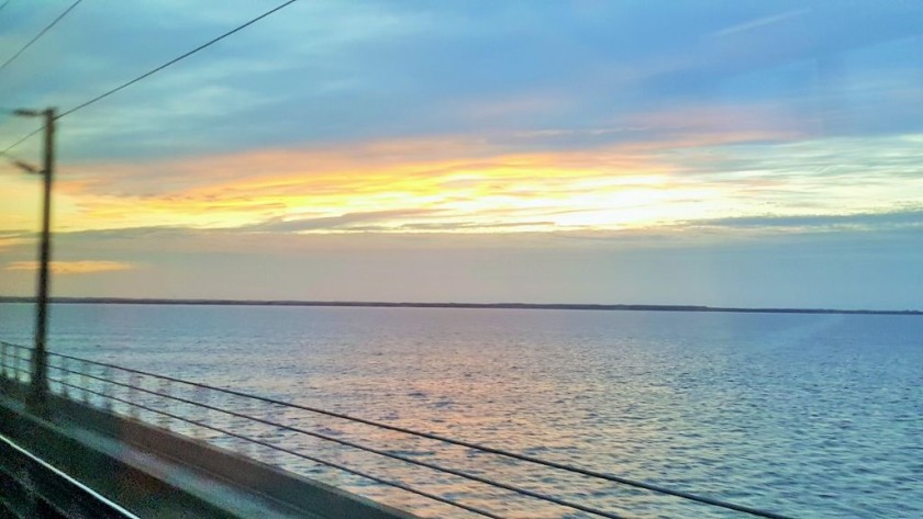 Crossing The Great Belt Bridge at sunset