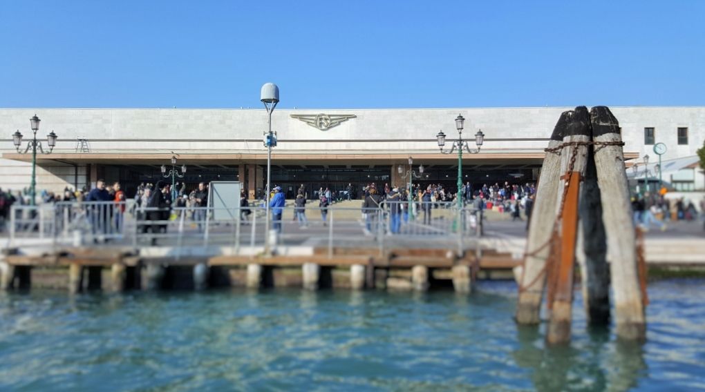 Looking at Venezia S.Lucia station from a water bus on the Grand Canal