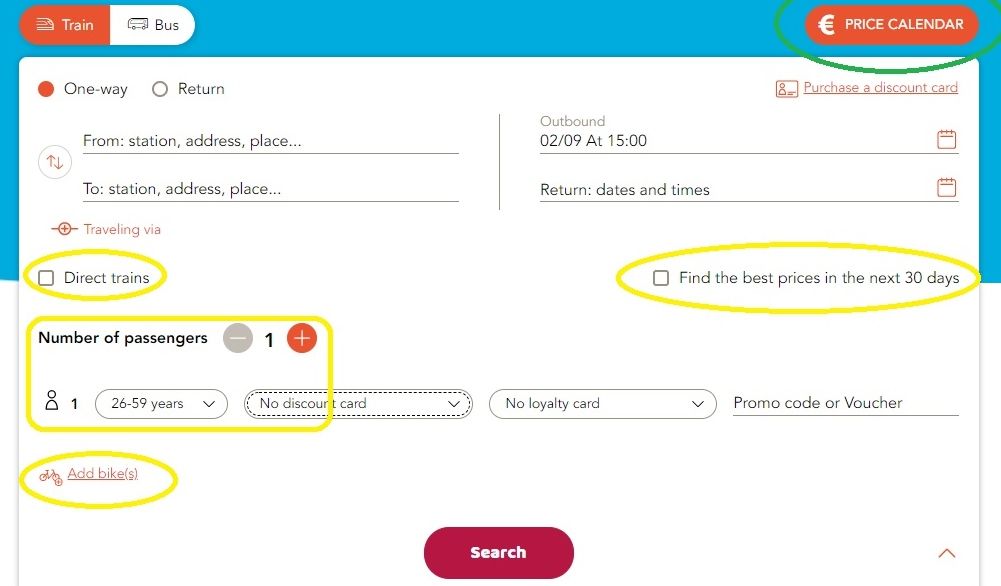 The additional search options on the OuiSNCF ticket booking website