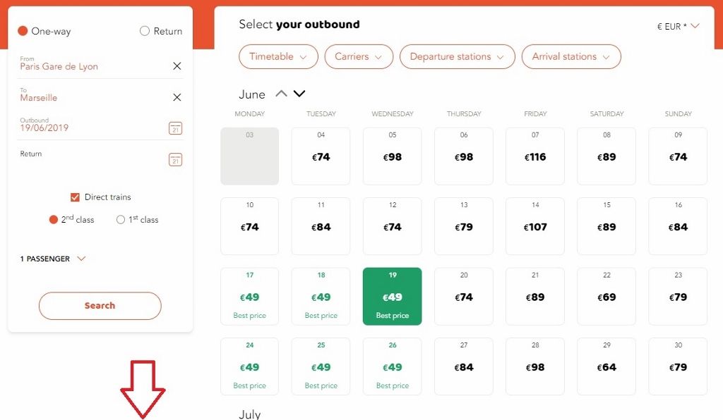 Selecting A Travel Date on the OuiSNCF price calendar