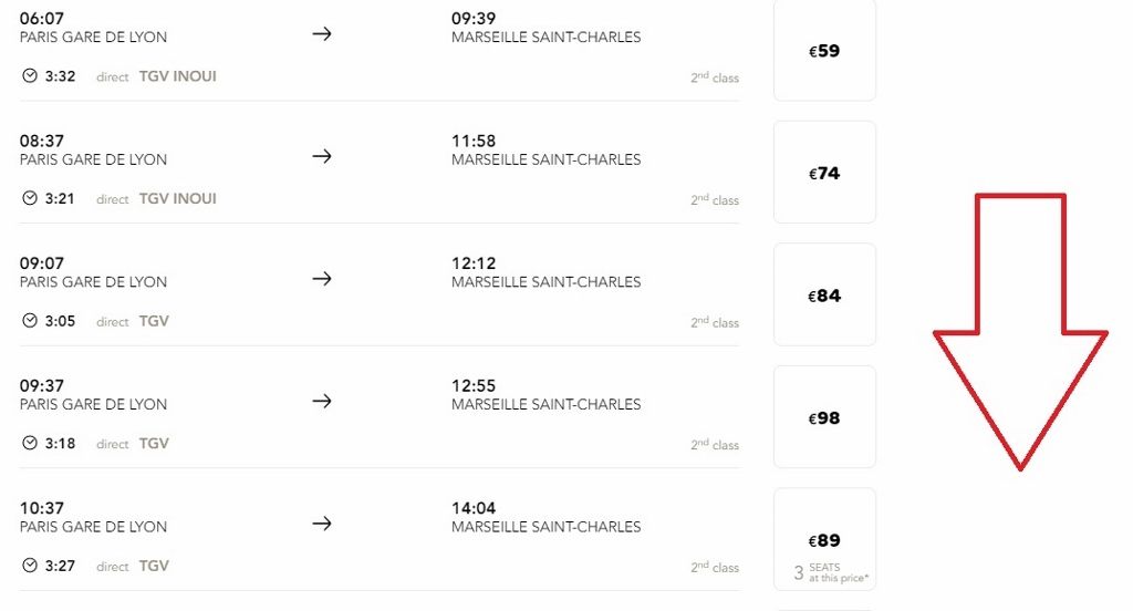 Selecting a departure on the OuiSNCF price calendar