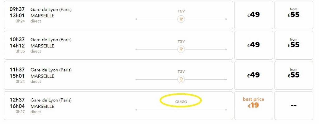 Booking a Ouigo service on OuiSNCF