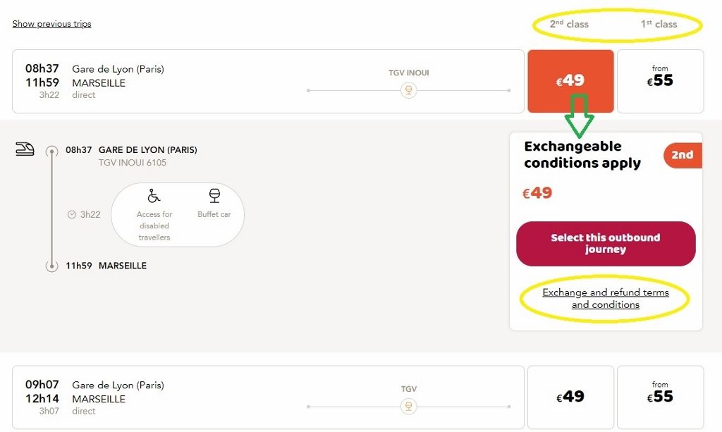 Selecting a specific departure when booking tickets on OuiSNCF
