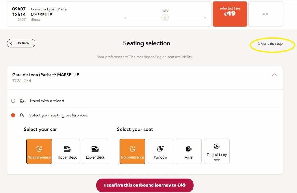 Choosing the location of a Seconde class seat on OuiSNCF